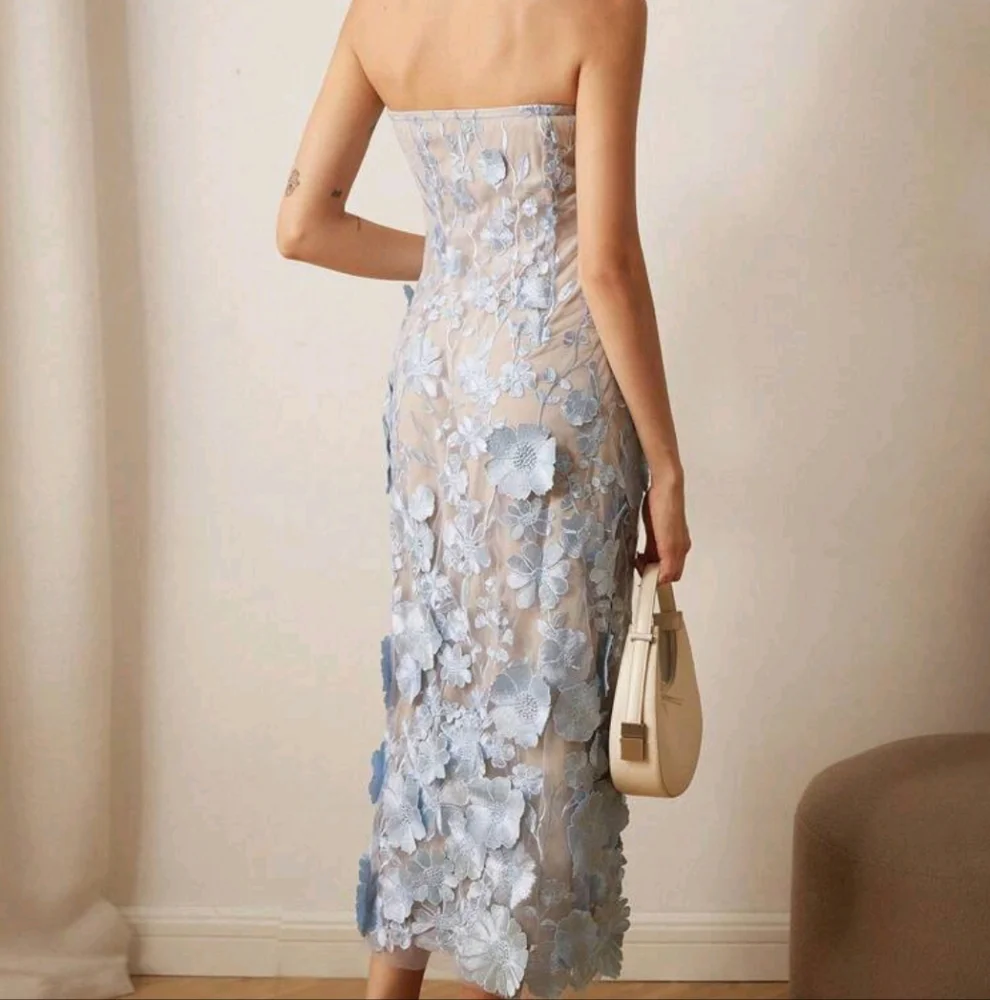 Women's Embroidered 3D Floral Bandeau Midi Dress, For Party - Picture 3 of 4